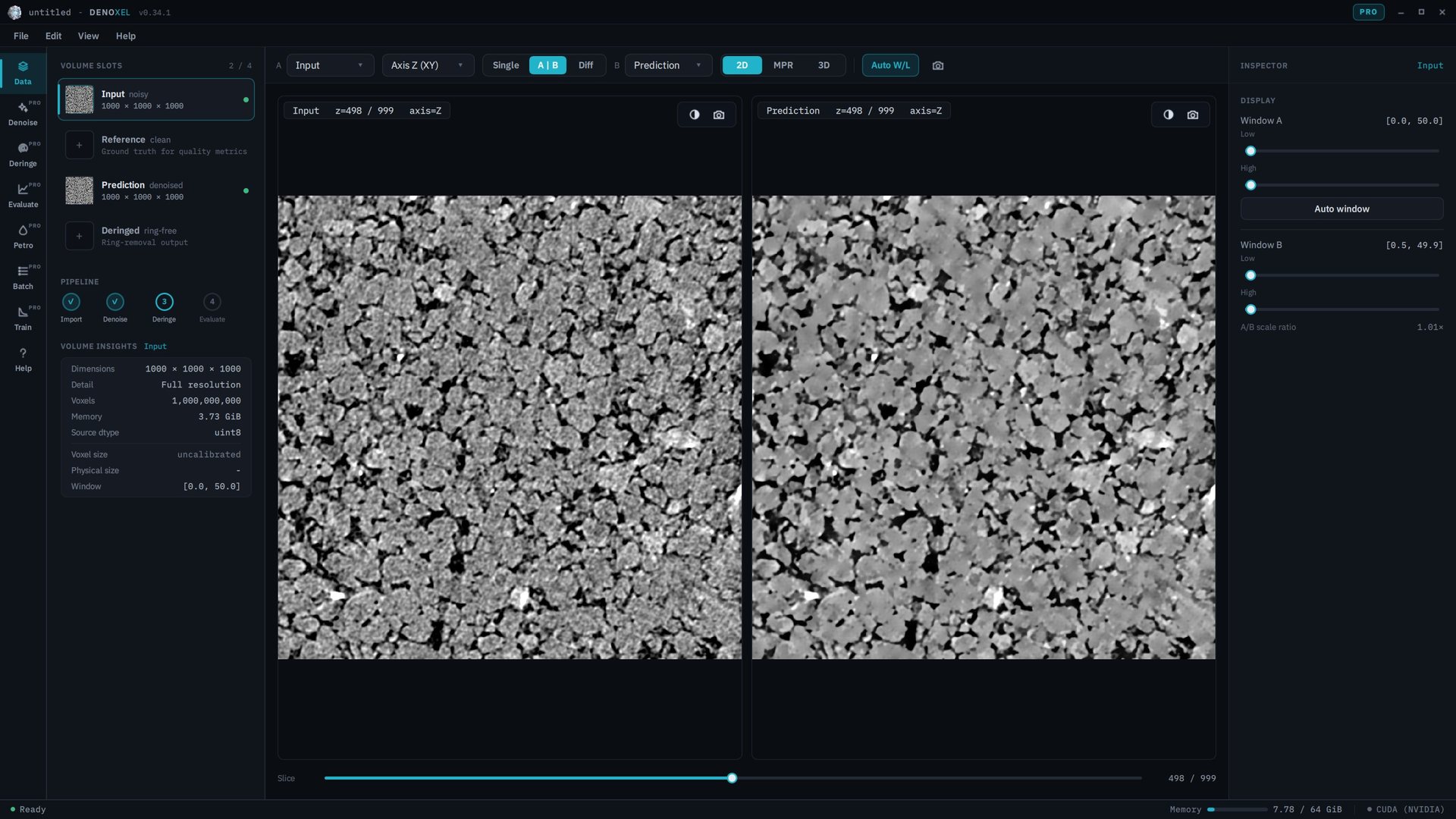 Raw and denoised slices side by side
