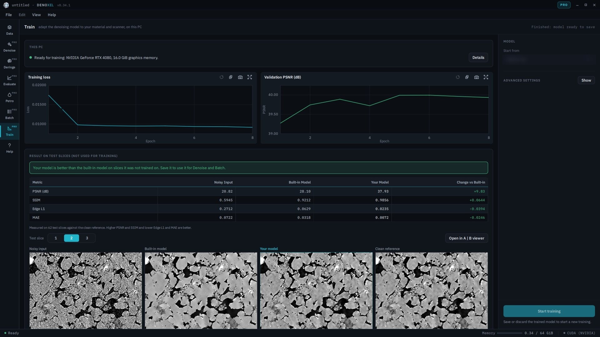 Finished training run with results on held-back test slices